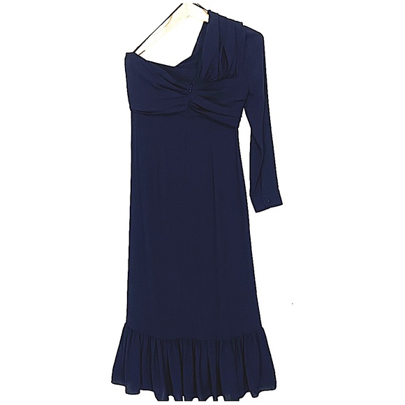 ROKH Women’s One Shoulder Midi Sheath Dress Ruffle Hem Navy Blue Size FR 40 - Picture 6 of 7